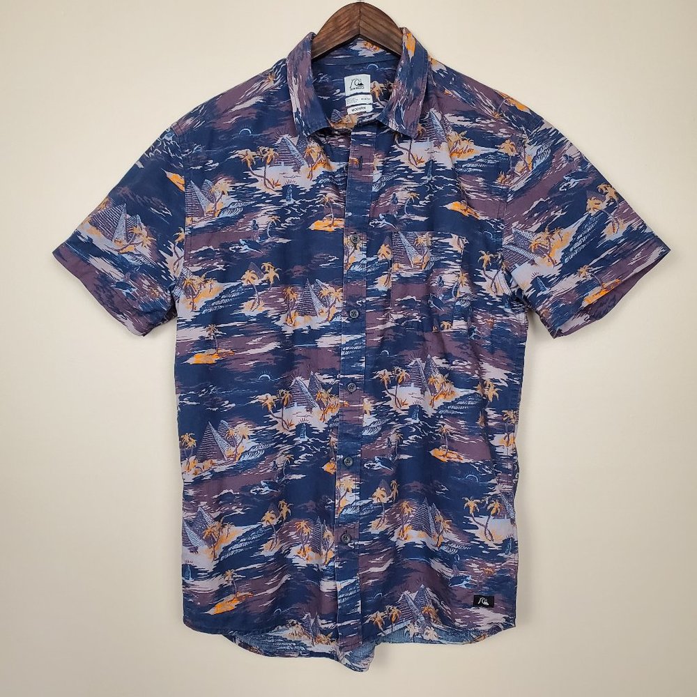 Quicksilver Navy Purple Orange Hawaiian Print Buttondown Shirt Mens Medium